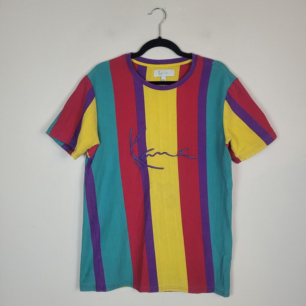 Karl Kani T-Shirt Mens Large Multicolor Stripes Embroidered Logo Hip Hop 90s